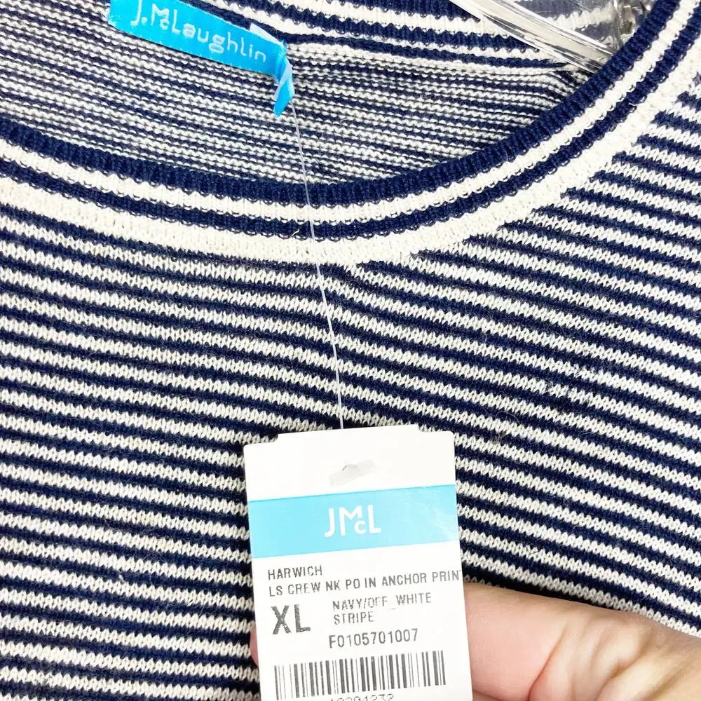 J. McLaughlin Striped Anchor Print Linen Blend Sweater Sz XL